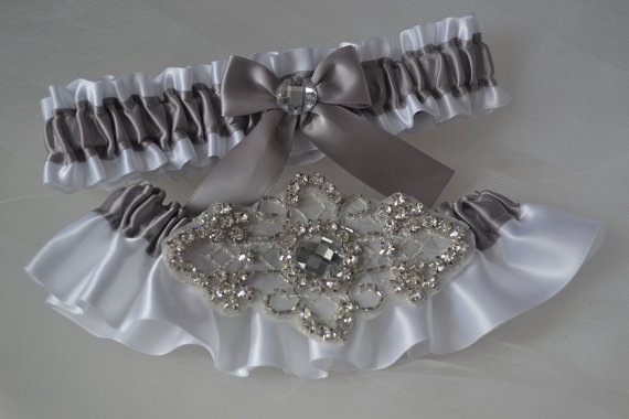 زفاف - Wedding Garter Set, Garter Set, Silver With White Satin, Garter Belts, Bridal Garter Set, Garters, Rhinestone Garters