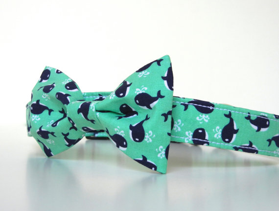 Hochzeit - Whale Nautical Mint Green Navy Bow Tie Dog Collar Wedding Accessories Made to Order