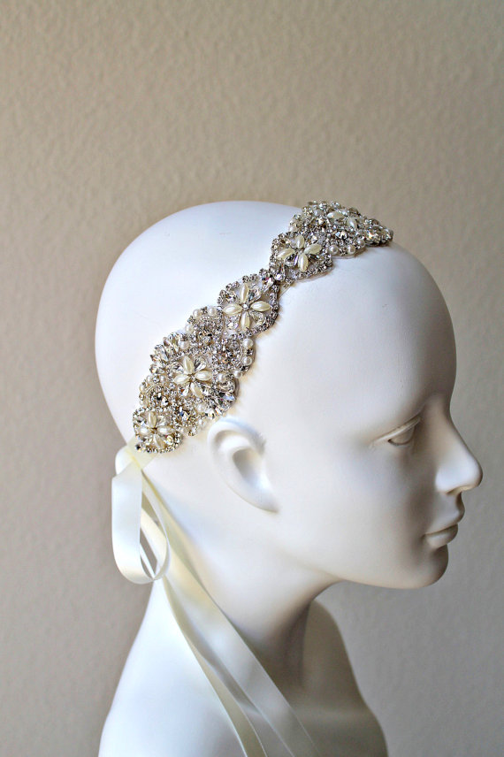 Wedding - Bridal beaded crystal rhinestone applique headband.  Ivory pearl vintage wedding headpiece. DOLCE VITA