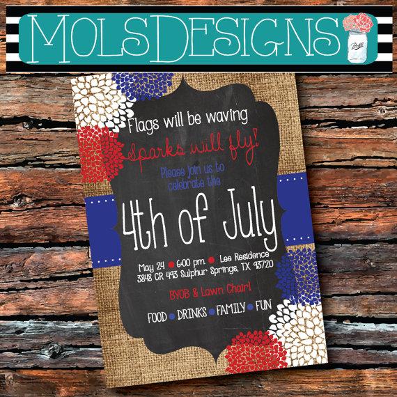 Hochzeit - USA JULY 4th of July Labor Day Party Vintage BURLAP Chalkboard Red White Blue Floral Wedding Brunch Tea Party Baby Shower Invitation