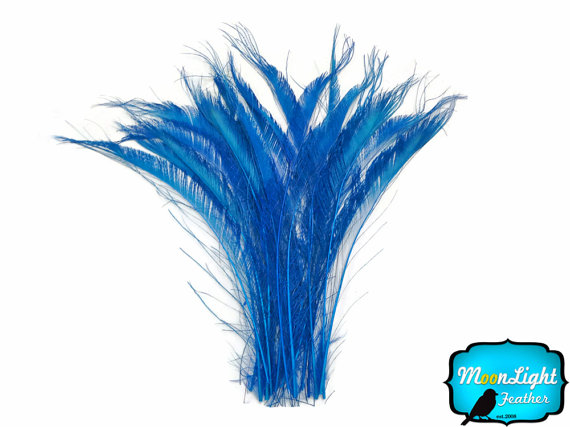 Wedding - Peacock Feathers, 50 Pieces - TURQUOISE BLUE Bleached Peacock Swords Cut Wholesale Feathers (bulk) : 3432