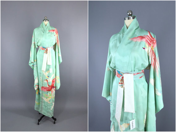 زفاف - Vintage Kimono / Silk Kimono Robe / Dressing Gown / Long Robe / Wedding Lingerie / Vintage Furisode / Art Deco / Furisode / Aqua Birds