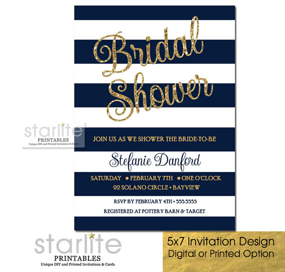 Свадьба - Navy Blue and White Stripes Gold Glitter Bridal Shower Invitation, Engagement Party - Printable Digital Diy or Printed