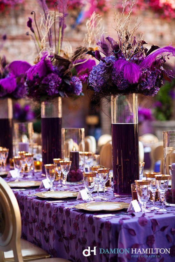 Wedding - Regal Purple Reception Setup With Feathers - Sasha Souza, Damion Hamilton