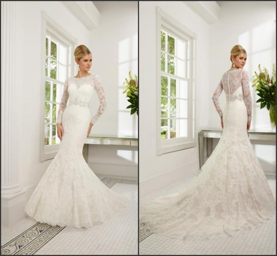 Wedding - 2015 Mermaid Illusion Lace Veni Infantino Wedding Dresses Vestido De Novia With Long Sleeve Beads Sash Sweep Train Bridal Gowns Custom Made Online with $117.72/Piece on Hjklp88's Store 