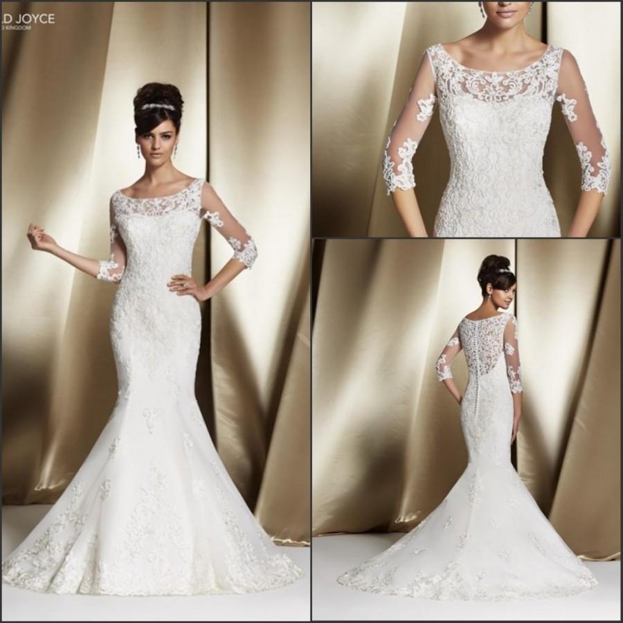 Mariage - 2015 Lace Sheer Mermaid Veni Infantino Wedding Dresses With Half Sleeve Illusion Applique Sheath Button Sweep Train Bridal Gowns Custom Made Online with $117.72/Piece on Hjklp88's Store 