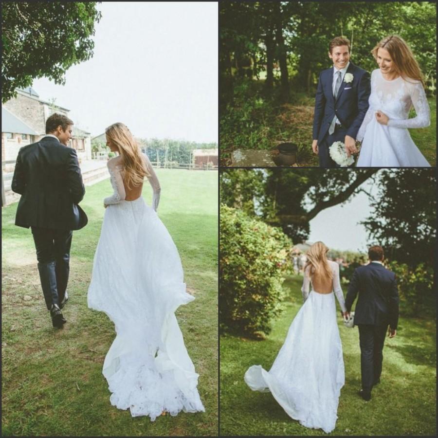 Свадьба - Romantic Backless Wedding Dresses 2015 Spring Lace Long Sleeve Applique Illusion Sheer Garden Cheap Chapel Train Bridal Gowns Custom Made Online with $110.47/Piece on Hjklp88's Store 