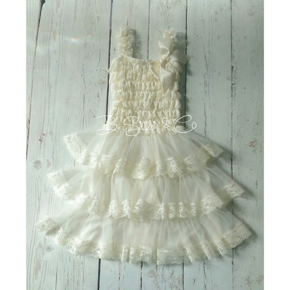 Mariage - Lace Flower Girl Dress, Rustic Flower Girl Dress, Vintage Baby Dress, Beach Country Flower Girl Dress, Vintage Petti Lace Dress, Ivory Dress