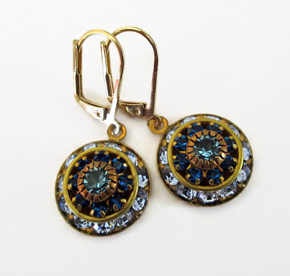 Hochzeit - Blue Rhinestone Earrings - Crystal Cluster Earrings - Something Blue Wedding Jewelry - AURORA Glacier Blue