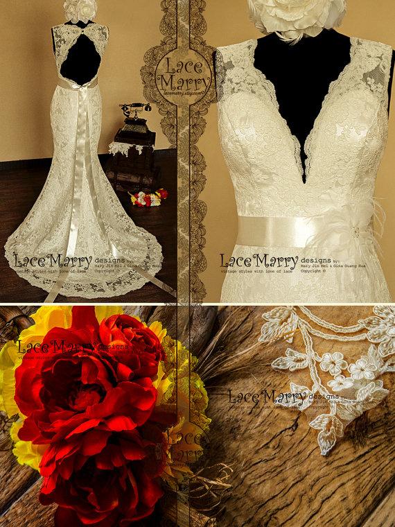 Свадьба - Breathtaking Keyhole Back Vintage Style Lace Wedding Dress with Sweetheart Deep V-Neck, Features Delicate Satin Sash and a Flower Accent