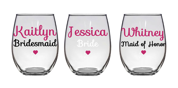 Wedding - Bridesmaid Gift, Maid of Honor, Bride to Be, Bridal Party, Bridesmaid, Wine Glass, Custom Glass, Personalized, Stemless Wine Glass, Pink