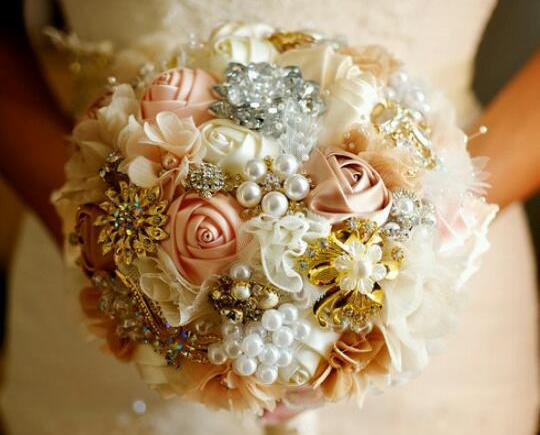 Wedding - Romantic Fabric Flower and Brooch Bouquet - Ivory, Peach, Pink , Champagne, Blush OR YOUR COLORS