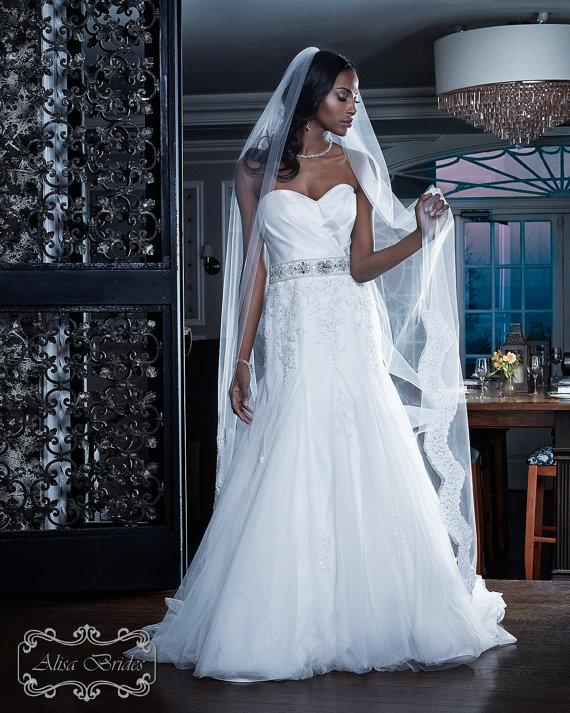 Wedding - Wedding Veil - Floor Length with Beaded French Alencon Lace At Bottom Edge
