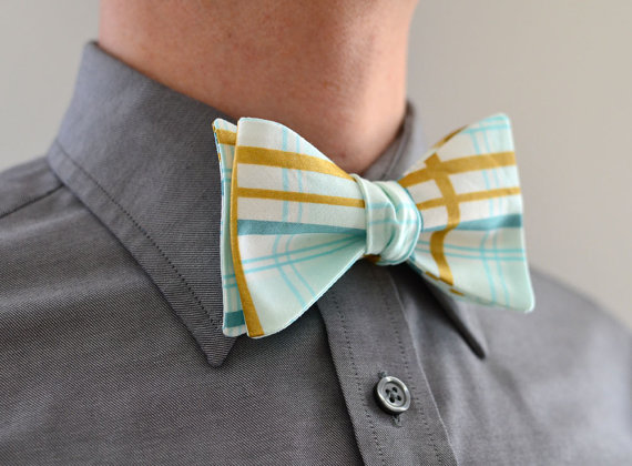 Свадьба - Men's Bow Tie in Mint and Gold- freestyle wedding groomsmen custom bowtie neck self tie green aqua metallic plaid white