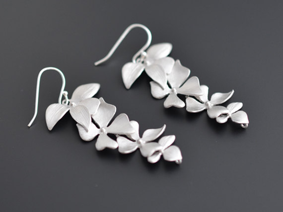 زفاف - SALE, Beautiful long orchid earrings, silver earrings, wedding earrings, party jewelry, bridal jewelry, clip earrings, gift