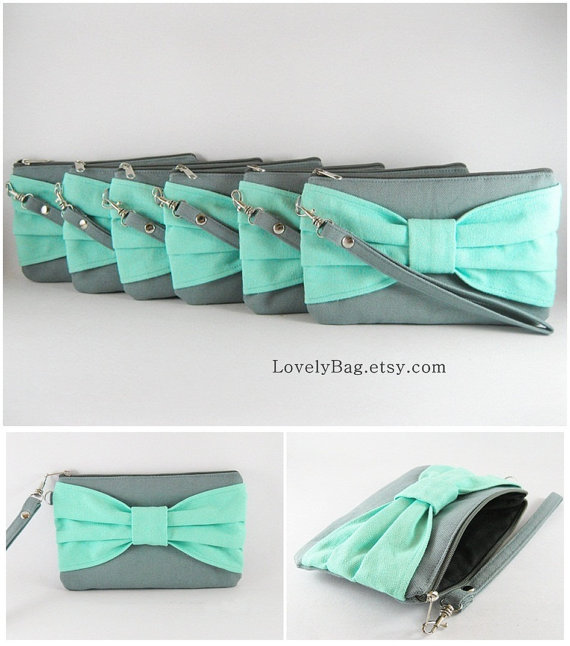 Hochzeit - SUPER SALE - Set of  3 Gray with Mint Bow Clutches - Bridal Clutches, Bridesmaid Clutch, Bridesmaid Wristlet, Wedding Gift - Made To Order