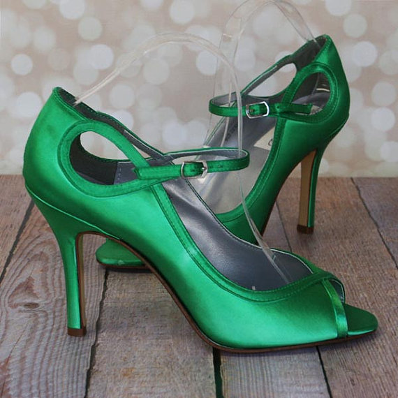 Hochzeit - Wedding Shoes -- Green Peep Toe Mary Jane Wedding Shoes  -- CHOOSE YOUR COLOR
