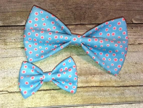 Hochzeit - Blue and Pink Polka Dots Bow Tie, Clip, Headband or Pet