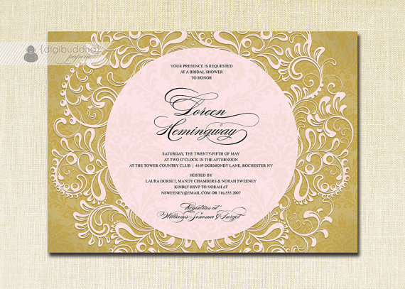 Mariage - Pink & Gold Bridal Shower Invitation Lace Damask Formal Elegant Script Wedding Typography FREE PRIORITY SHIPPING or DiY Printable - Loreen