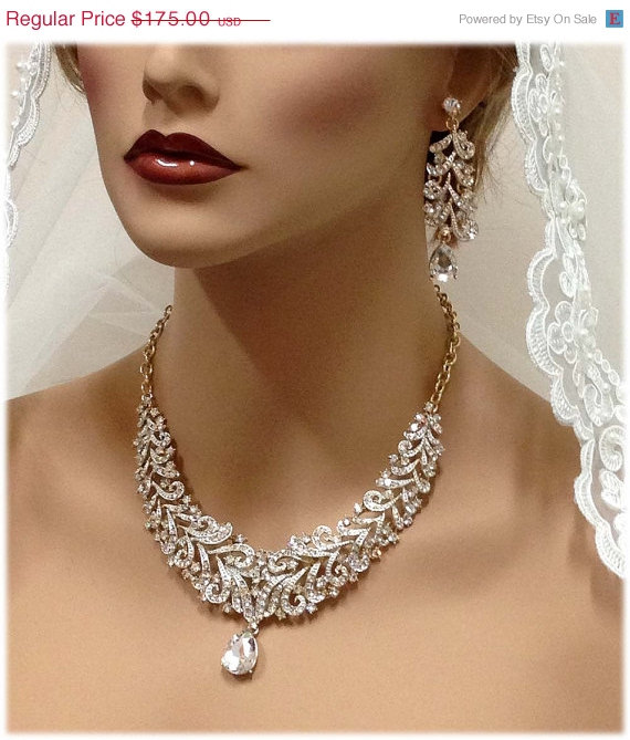 Mariage - Wedding jewelry , Bridal bib necklace , vintage inspired necklace, rhinestone bridal statement necklace earrings set