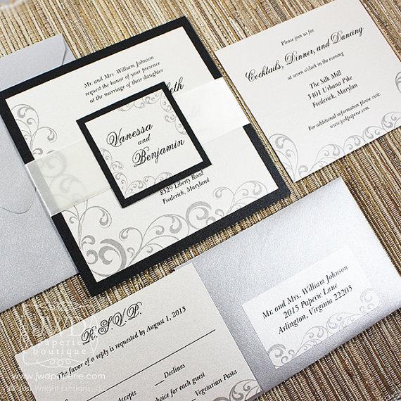 Свадьба - Elegant Wedding Invitation Black Cream Elegant Invitations Formal Invitation with Ribbon Belly Band Invitation Set - SAMPLE KIT - Lantana