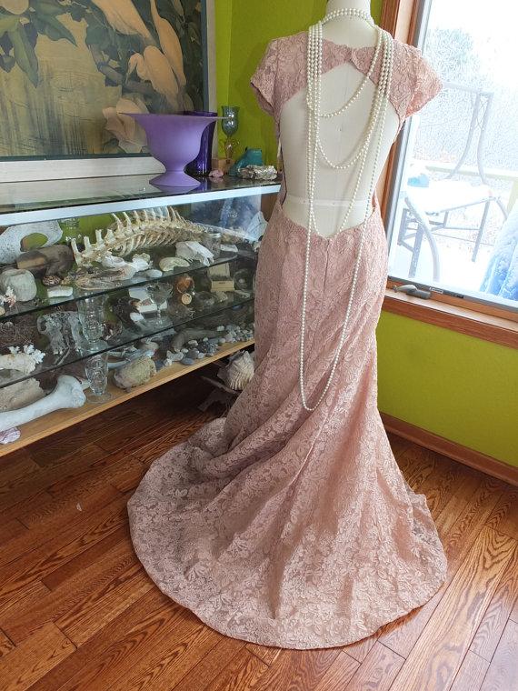 Hochzeit - Wedding dress Taupe champagne lace backless sleeves sz 12