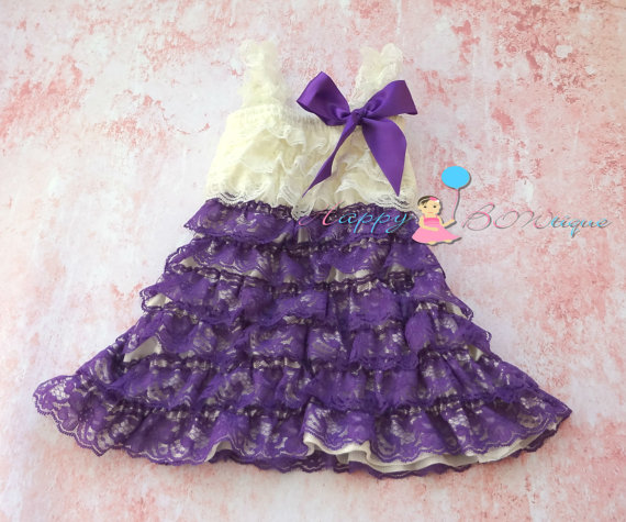 Свадьба - Stunning Ivory Purple Vintage Lace Dress,baby girls dress, ruffle dress,baby dress,Birthday outfit, girls outfit, flower girl dress, wedding