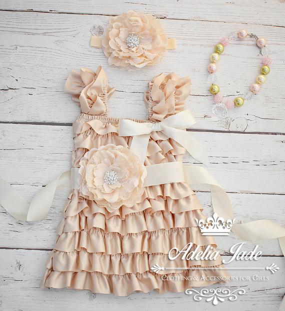 Mariage - Wedding Baby Flower Girl Dress, Sash Headband Set, Satin Ruffle Petti Dress, Little Girl Lace Ruffle Dress, Ivory Toddler Lace Dress,