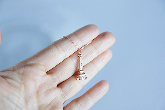 Wedding - Eiffel Tower Necklace, Rose Gold Plated, Dainty, Rose Gold Plated Chain, Minimalist Bridesmaids Jewelry, Wedding Jewelry, Stamping Available