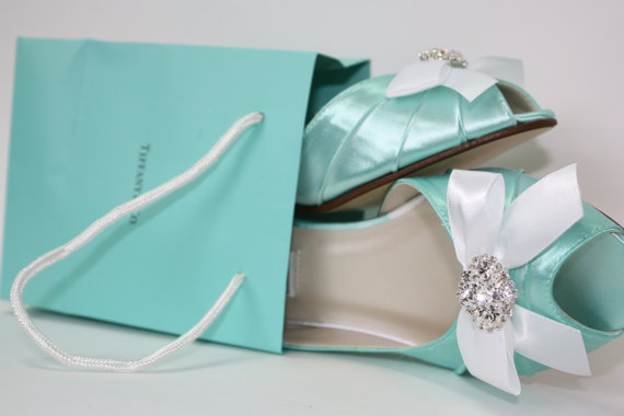 Hochzeit - Wedding Shoes - Aqua Blue Wedding Sparkling Crystals - Dyeable Shoes - Aqua Blue - Choose From Over 100 Colors - Short Heel - Parisxox
