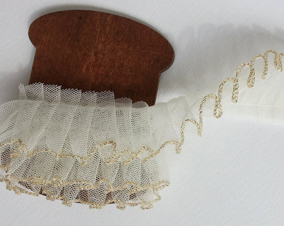 Wedding - Ivory Tulle with Gold Edge, Tulle Ruffled Lace Trim Supplies for Baby Headbands, Garters, Lingerie, Doll Dress, Custome