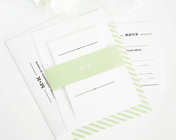 Hochzeit - Light Green Wedding Invitation with Striped Envelope Liner and Simple Monogram - Rustic Simplicity Wedding Invitation - Sample Set