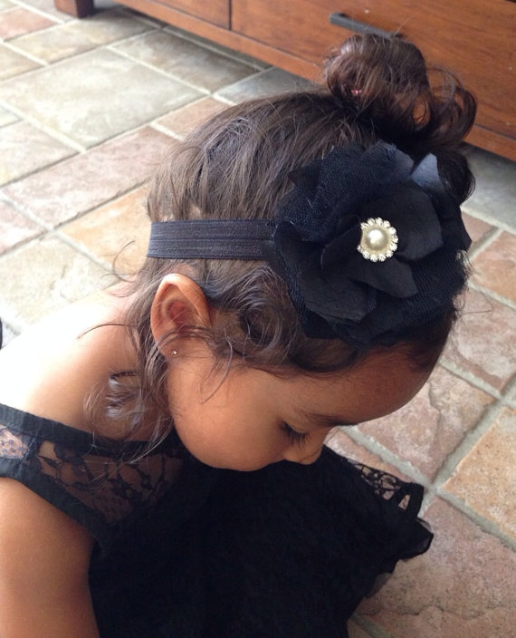 Свадьба - Black Chiffon and Lace Flower Headband, Baby Girl Headband, Newborn Girl Headband, Infant Girl Headband, Wedding Headband