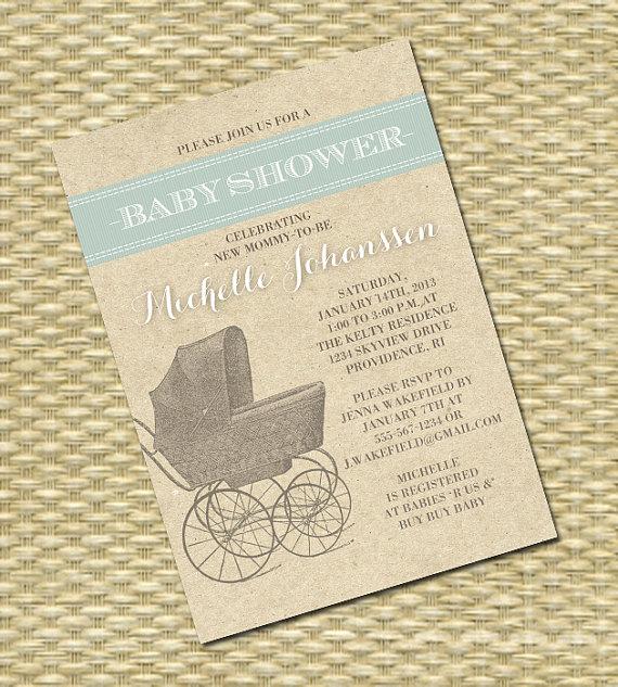 Mariage - Printable Baby Shower Invitation, Baby Sprinkle, Sip and See - Vintage Stroller Rustic Kraft - Baby Boy, Baby Girl, Gender Neutral, Twins