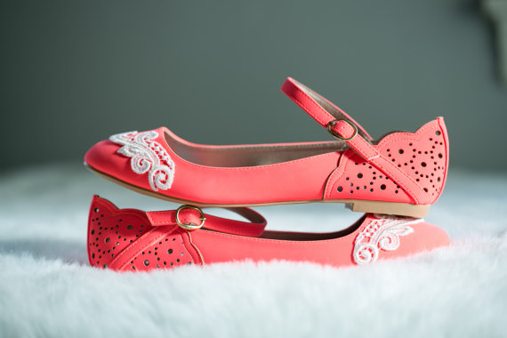 Hochzeit - Neon Coral Ballet Flats, Wedding Flats, Bridal flats, Lace Flats, Wedding Shoes with Ivory Lace. US Size 8