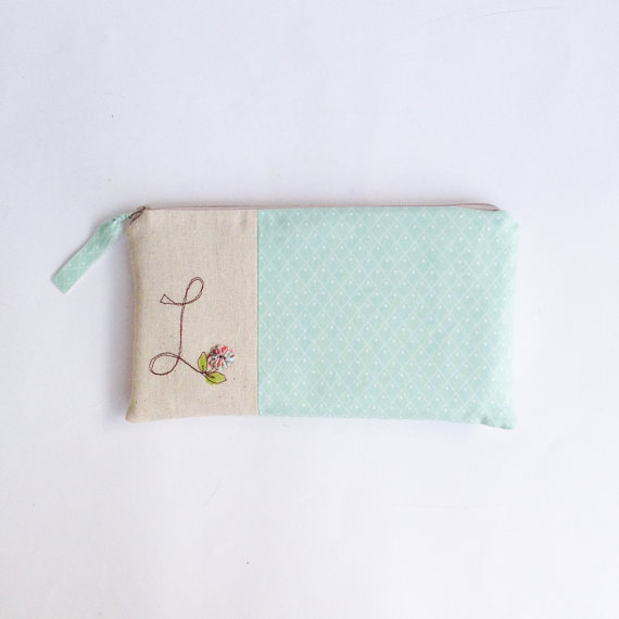 Wedding - Pastel Wedding Clutch Bridesmaid Gift Personalized Clutch with Initial Mint Blue Bridesmaid Clutch, Personalized with Letter W MADE to ORDER