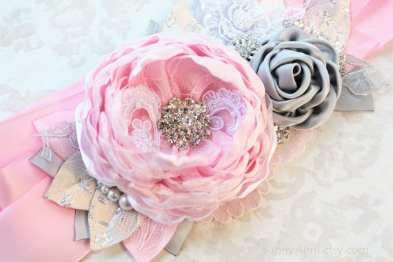 زفاف - Pink Silver Gray Wedding Ribbon Sash "Amelia"/ Bridal Sash/ Free Shipping on Additional Items