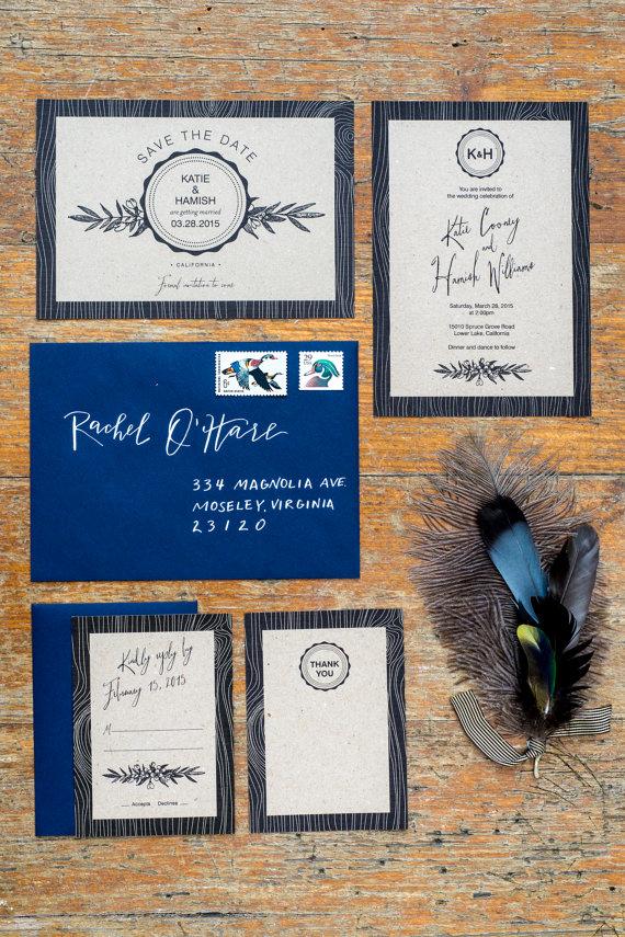 زفاف - Set of 4 Printable Template, Rustic Woodland Monogram Wedding Invitation Suite