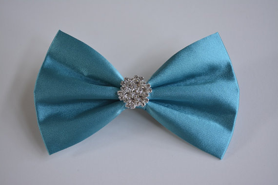 Свадьба - Hair bow-aqua satin, rhinestone hair bow, dancing school hair accessories,pageant, wedding hair bow