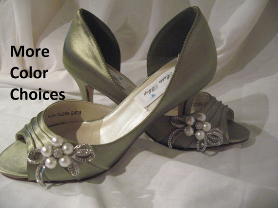 Wedding - Wedding Shoes Sage Green Bridal Shoes Pearl and Crystal Bow -100 Additional Colors To Pick From