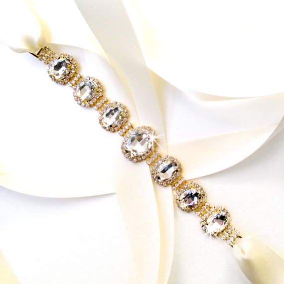 Свадьба - Glitzy Bridal Belt Sash in GOLD - Custom Ribbon - White Ivory Satin - Silver Wedding Dress Belt