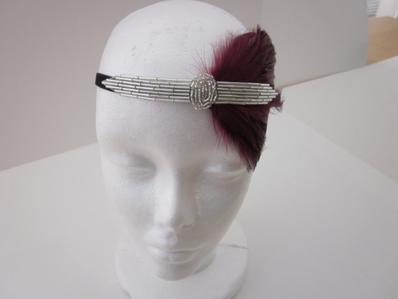 زفاف - Flapper Headband The Great Gatsby Burgundy Feather Black Feather, Blue, Green, Ivory, or Beige Feather with Silver beading Fascinator