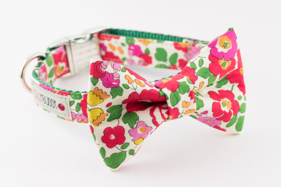 Wedding - Red Floral Dog Bow Tie Collar with Nickel Buckle - Liberty of London