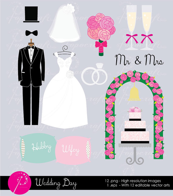 Hochzeit - Wedding clipart. Romantic marriage clipart include wedding arch, wedding cake, wedding bouquet, wedding ring, champagne, veils, etc.