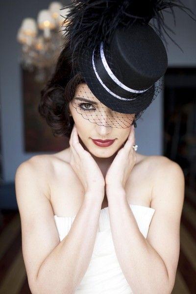 Hochzeit - Black Veiled Mini Top Hat With Black/white Ribbon And Ostrich Feathers