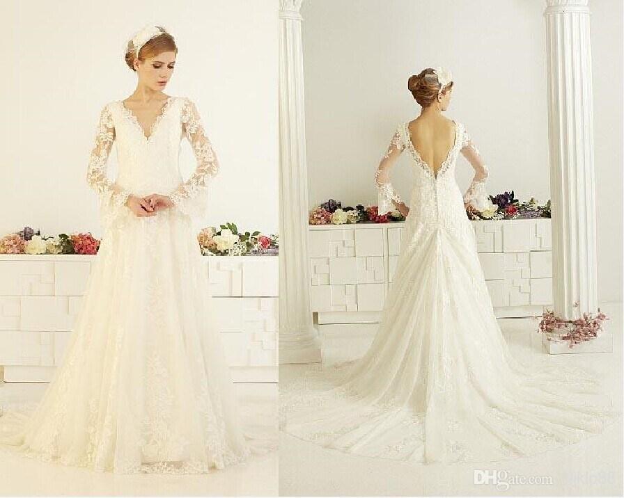 Hochzeit - 2015 Maternity High Quality Romantic V-neck Illusion Embroidered Lace Bell Sheer Long Sleeves Chapel Train Wedding Dress/ Bridal Ball Gown Online with $110.47/Piece on Hjklp88's Store 