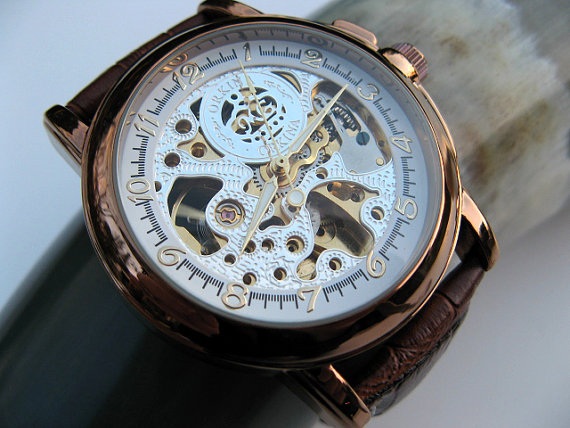 زفاف - Copper Steampunk Mechanical Wrist Watch, Luxury Brown Leather Wristband, Golden Copper Tone, Unisex, Men, Groomsmen - Watch - Item MWA57-cp