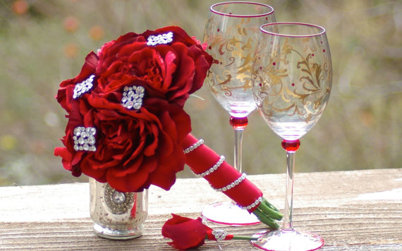 Wedding - Red Valentine Rose and Brooch Christmas Bouquet and Boutonniere