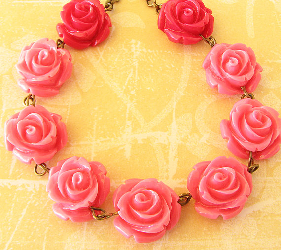 زفاف - Flower Necklace Pink Jewelry Rose Necklace Rose Jewelry Statement Necklace Bridesmaid Jewelry Beadwork Single Strand
