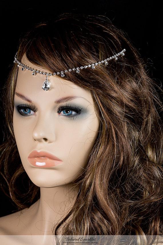 زفاف - Bridal Forehead Crystal Chain Headband, Swarovski Crystal Dangle Hair Chain, Great Gatsby Vintage Reign Drape Head Chain Hair Jewelry
